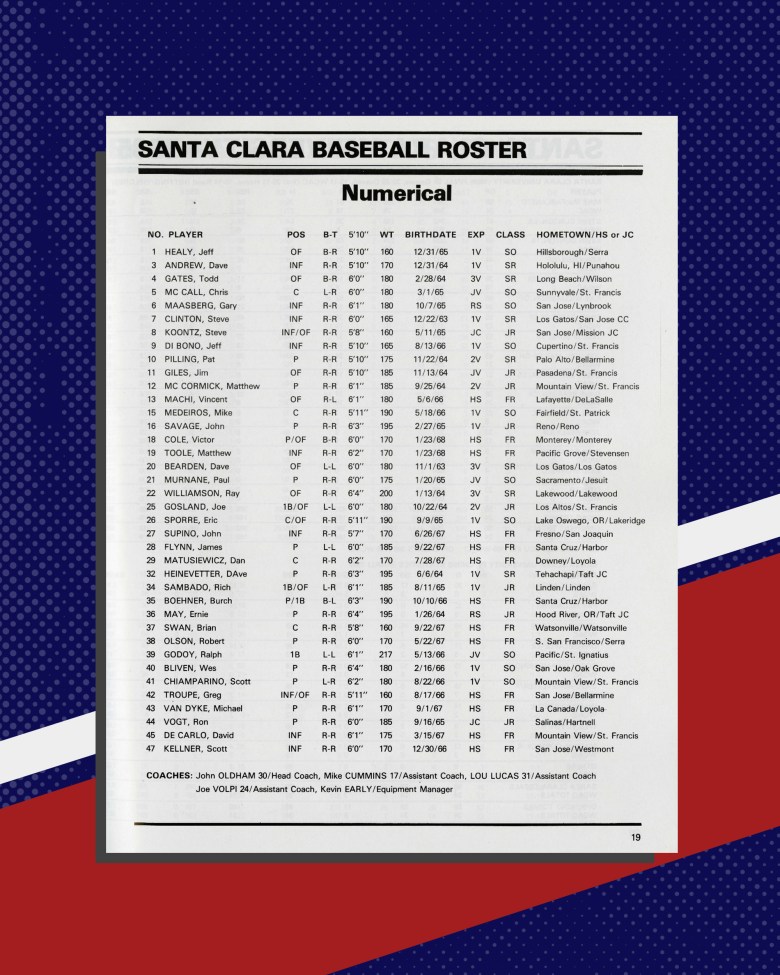 The 1986 Santa Clara University baseball roster. Gavin Newsom's name does not appear on the roster. Illustration by Miguel Gutierrez Jr., CalMatters