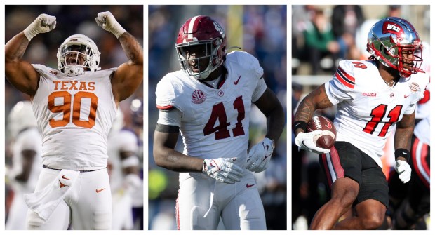 Texas defensive lineman Byron Murphy II, from left, Alabama edge rusher Chris Braswell and Western Kentucky wide receiver Malachi Corley could be key draft picks in filling voids for the Rams. (Photos by The Associated Press)
