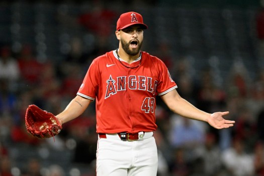 Angels starting pitcher Patrick Sandoval reacts to a balk call during the fourth inning of their game against the Tampa Bay Rays on Tuesday night at Angel Stadium. (AP Photo/Alex Gallardo)
