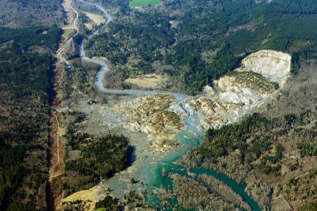 The massive mudslide that killed 43 people in the community of Oso, Wash., is viewed from the air on March 24, 2014. (AP Photo/Ted S. Warren, File)