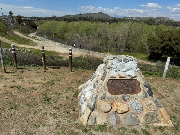 This marker in Martha McLean-Anza Narrows Park in Riverside commemorates Juan Bautista de Anza's 1774 journey. (Photo by David Allen, Inland Valley Daily Bulletin/SCNG)