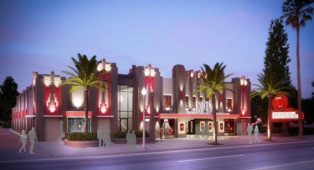 This rendering by Ideation Design Group of the 1937 theater in downtown Fontana shows its new lighting and sign that brands it as Stage Red -- A Sammy Hagar Venue. The city-owned theater is due to reopen in March 2024 with a concert by the singer, a Fontana native. (Courtesy City of Fontana)