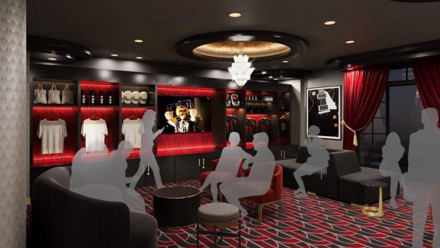 This rendering by Ideation Design Group depicts a lounge inside Stage Red -- A Sammy Hagar Venue. The city-owned theater is due to reopen in March 2024 with a concert by the singer, a Fontana native. (Courtesy City of Fontana)