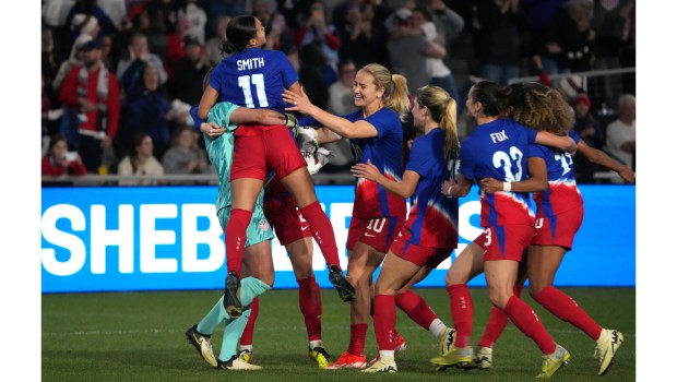 U.S. players celebrate after defeating Canada in a penalty kick shootout in the final of the SheBelieves Cup on Tuesday night at Lower.com Field in Columbus, Ohio. The Americans won the shootout 5-4 after the rivals played to a 2-2 draw in regulation. (Photo by Jason Mowry/Getty Images)
