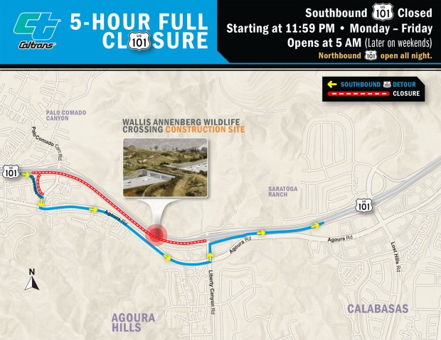 Caltrans will be closing a portion of the 101 Freeway to make way for construction of the Wildlife Crossing. (Courtesy Caltrans)