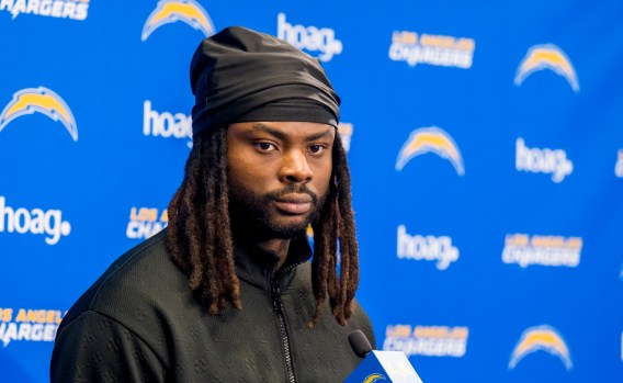 Gus Edwards running back with the Chargers answers questions from the media during a press conference at the Hoag Performance Center in Costa Mesa on Monday, April 8, 2024. (Photo by Leonard Ortiz, Orange County Register/SCNG)
