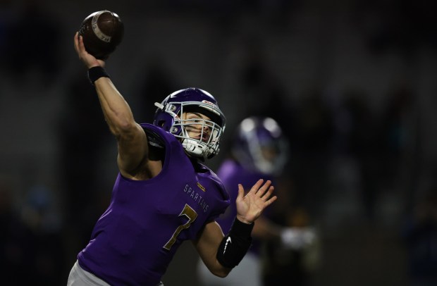 Jurupa Hills' Caleb Ruiz (7) fires off a pass during the CIF State Division 4-AA championship football game against Soquel at Pasadena City College in Pasadena, Calif., on Friday, Dec. 8, 2023. (Photo by Trevor Stamp, Contributing Photographer)