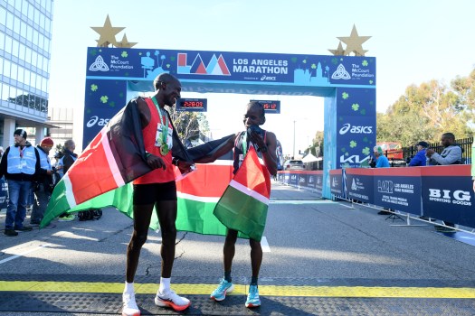 Kenyan runners Dominic Ngeno and Stacy Ndiwa celebrate winning the 39th Los Angeles Marathon on Sunday, March 17, 2024.  
(Photo by Axel Koester, Contributing Photographer)
