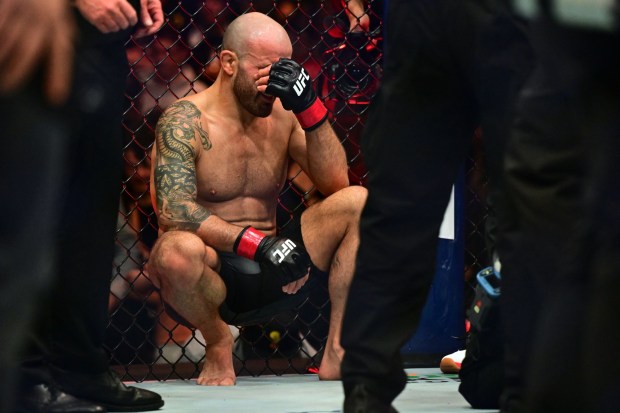 Alexander Volkanovski reacts after being knocked out and losing his featherweight championship to Ilia Topuria at UFC 298 on Saturday Feb. 17, 2024, at Honda Center. (Photo by Hans Gutknecht, Los Angeles Daily News/SCNG)