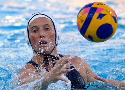 Kaleigh Gilchrist #10 of Team USA  passes against Team Australia in the fourth period of a women’s water polo exhibition game at Long Beach City College in Long Beach on Tuesday, April 9, 2024. USA won 14-8. (Photo by Keith Birmingham, Pasadena Star-News/ SCNG)
