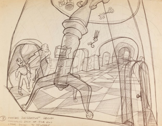 Concept art of an Alice in Wonderland walk-through fun house attraction from the Bradley/Bushman Early Disneyland Archives collection available during the Art of Disneyland auction at Heritage Auctions. (Courtesy of Heritage Auctions)