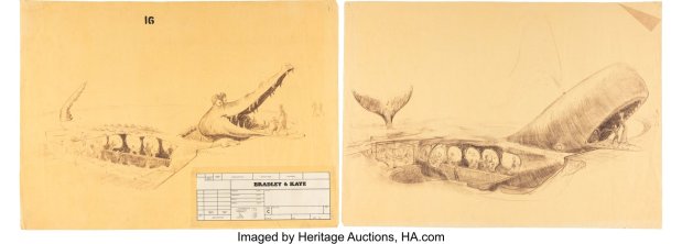 Concept art of the Tick-Tock the crocodile and Monstro the whale underwater aquariums from the Bradley/Bushman Early Disneyland Archives collection available during the Art of Disneyland auction at Heritage Auctions. (Courtesy of Heritage Auctions)
