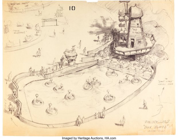 Concept art of the Duck Bumps and Old Mill attractions from the Bradley/Bushman Early Disneyland Archives collection available during the Art of Disneyland auction at Heritage Auctions. (Courtesy of Heritage Auctions)