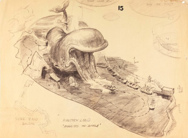 Concept art of the Monstro shoot-the-chutes thrill ride from the Bradley/Bushman Early Disneyland Archives collection available during the Art of Disneyland auction at Heritage Auctions. (Courtesy of Heritage Auctions)