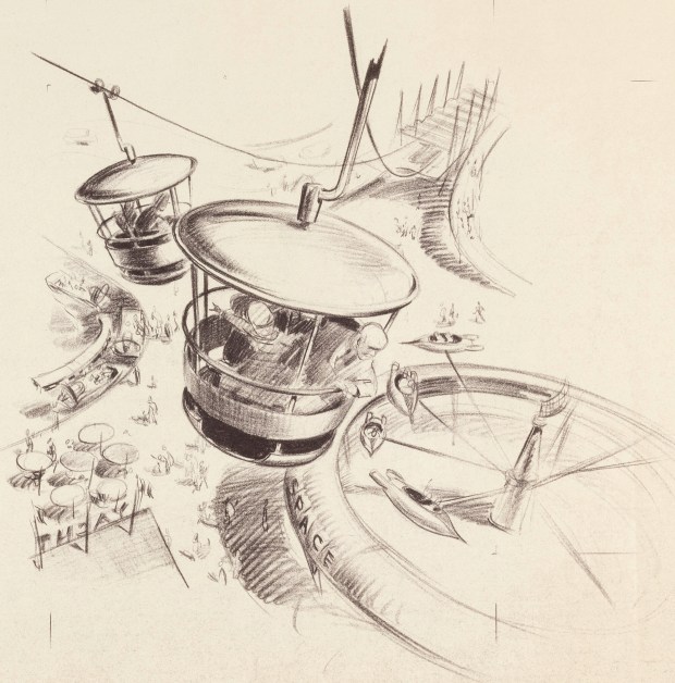 Concept art of the Skyway buckets from the Bradley/Bushman Early Disneyland Archives collection available during the Art of Disneyland auction at Heritage Auctions. (Courtesy of Heritage Auctions)