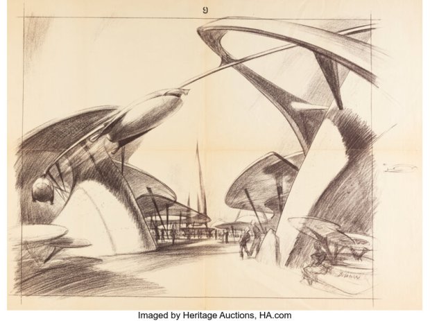 Concept art of a Tomorrowland rocket ride from the Bradley/Bushman Early Disneyland Archives collection available during the Art of Disneyland auction at Heritage Auctions. (Courtesy of Heritage Auctions)