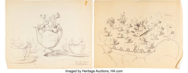 Concept art of Mad Tea Party centerpieces from the Bradley/Bushman Early Disneyland Archives collection available during the Art of Disneyland auction at Heritage Auctions. (Courtesy of Heritage Auctions)