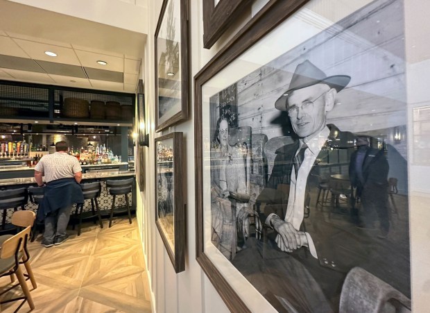 Historic pictures of the Walter and Cordelia Knott hang in the lobby of the remodeled Knott's Hotel in Buena Park, CA, on Thursday, Feb. 29, 2024. (Photo by Jeff Gritchen, Orange County Register/SCNG)