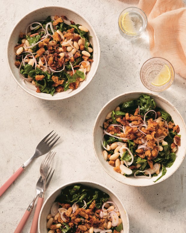 This salad is made with Swiss chard, lemon, Dijon mustard, white beans and breadcrumbs. (Photo by Christine Han)