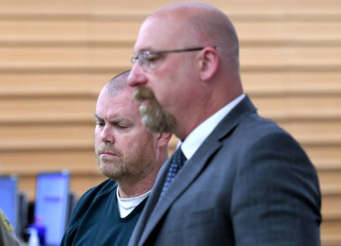 San Bernardino County sheriff’s deputy Christopher Bingham, arrested last week in connection with possesion of illegal and stolen firearms and  destructive devices and affiliating with the Mongols outlaw motorcycle gang, appears for his arraignment before Judge Colin Bilash with attorney Jeff G. Moore at the San Bernardino Justice Center on Tuesday April 9, 2024. (Photo by Milka Soko, Contributing Photographer)
