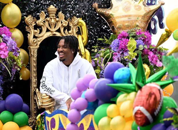 Heisman Trophy winner and 2019 Cajon High graduate Jayden Daniels acknowledges the crowd during a parade for the LSU star quarterback during a homecoming ceremony for him in San Bernardino on Saturday, Jan. 20, 2024. (Photo by Will Lester, Inland Valley Daily Bulletin/SCNG)