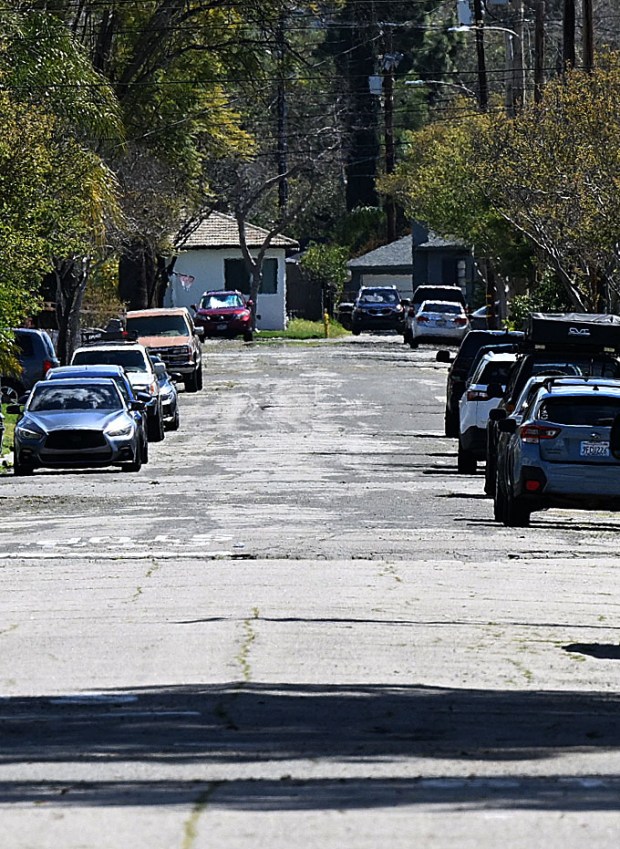 A view of 35th Street, looking east from Mountain View Avenue toward Belle Street in San Bernardino on Monday, April 1, 2024, is one of the 21 streets within the city of San Bernardino slated for repair after the city approved $8.78 million toward the project. (Photo by Will Lester, Inland Valley Daily Bulletin/SCNG)