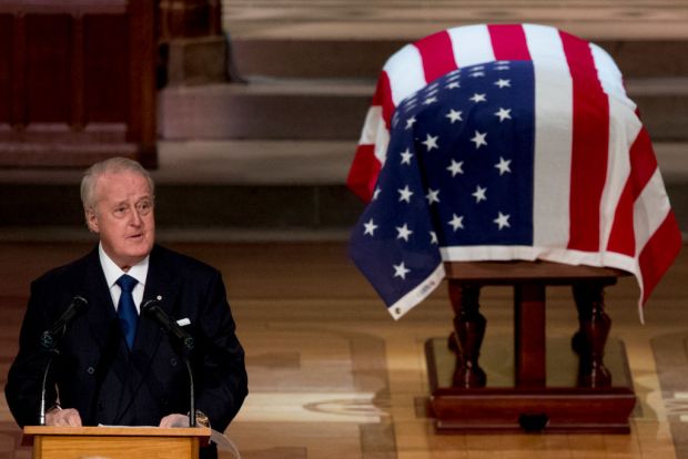 WASHINGTON, DC - DECEMBER 05: (AFP- OUT) Former Canadian Prime Minister Brian Mulroney speaks during the State Funeral for former President George H.W. Bush at the National Cathedral, December 5, 2018 in Washington, DC. President Bush will be buried at his final resting place at the George H.W. Bush Presidential Library at Texas A&M University in College Station, Texas. A WWII combat veteran, Bush served as a member of Congress from Texas, ambassador to the United Nations, director of the CIA, vice president and 41st president of the United States. (Photo by Andrew Harnik-Pool/Getty Images)